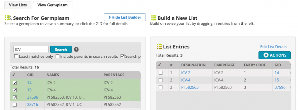 The IBP Breeding Management System has a complete range of interconnected tools. The Germplasm Lists Manager supports breeders in managing their sets of breeding materials.